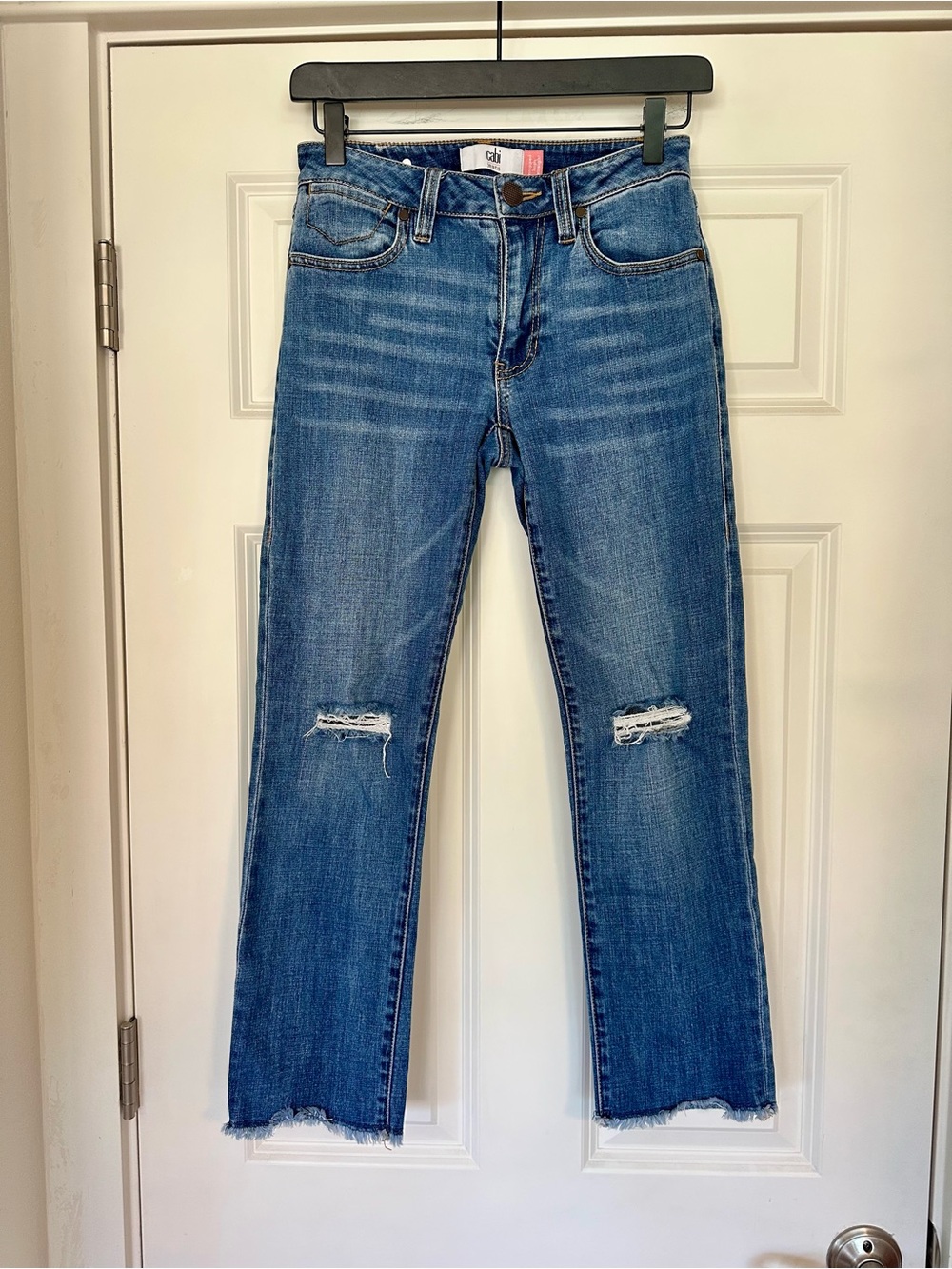 CAbi Blue Distressed cropped high straight Jeans